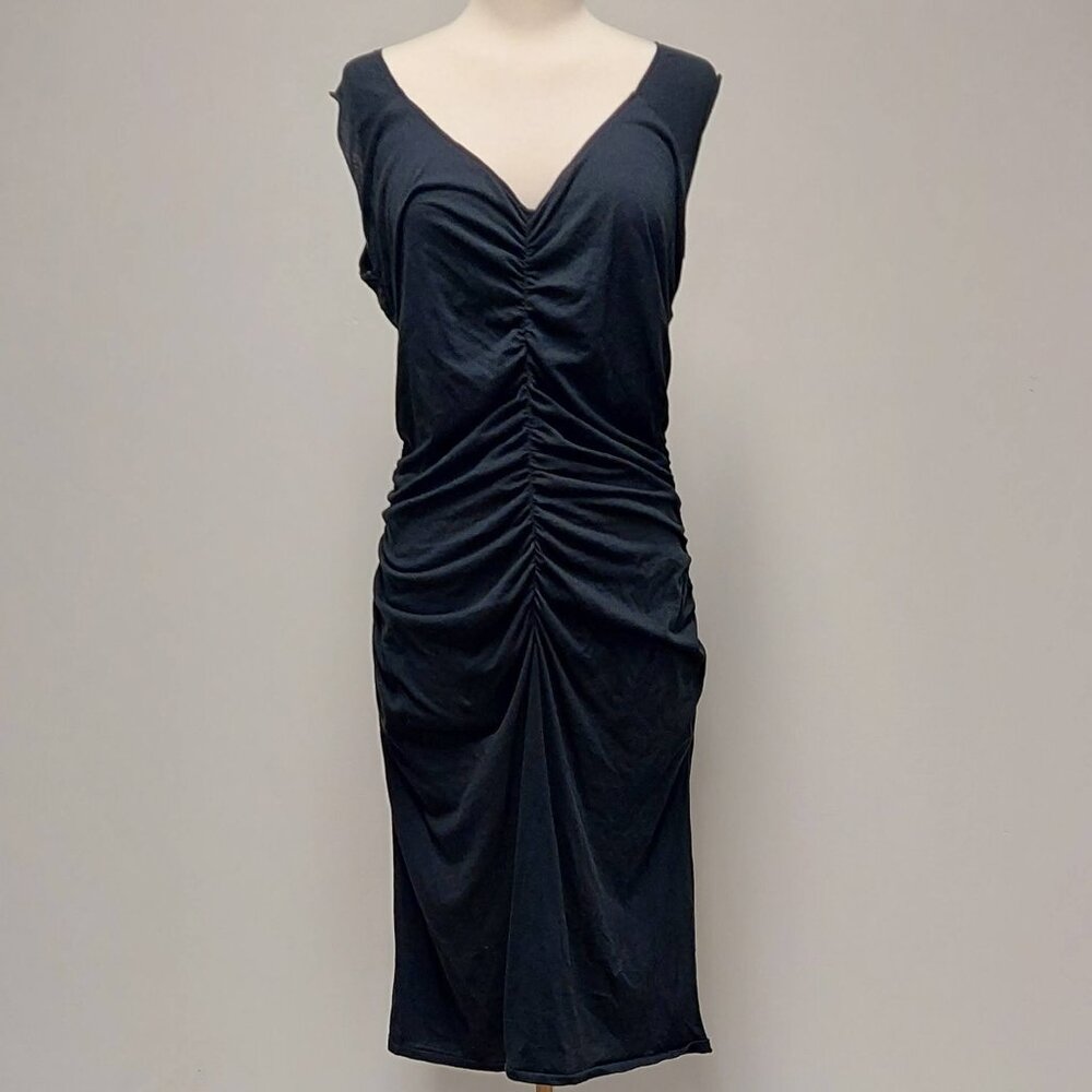 Club Monaco Black Y2K Ruched Knit Deep-V Cap-Sleeve Midi Dress Size: L